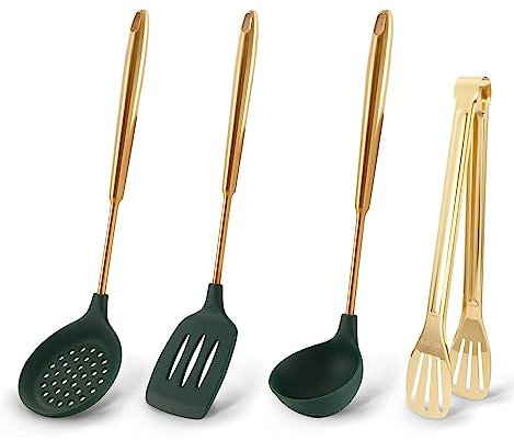 Juego de 4 espátulas y cucharón de silicona para wok, cucharón y cucharón de cocina con mango de silicona y acero inoxidable para revestimiento antiadherente y wok (verde)