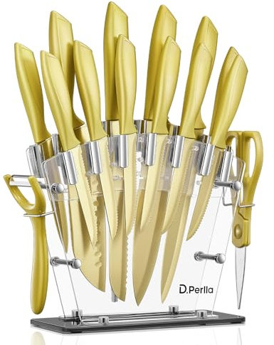D.Perlla Knife Set, 16 PCS High Carbon Stainless Steel Golden Color Kitchen Knife Set, Titanium Coating Blade, Non Slip Handle, Sharp Knife, Rust and Corrosion Resistant, with Acrylic Stand
