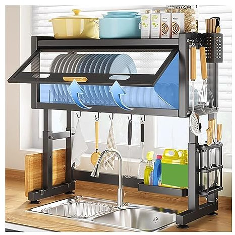 lirrebol Escurreplatos sobre Fregadero con Armario Superior Altura Ajustable 3 Niveles Escurreplatos para la organización del mostrador de la Cocina de Almacenamiento, Acero Inoxidable, Negro