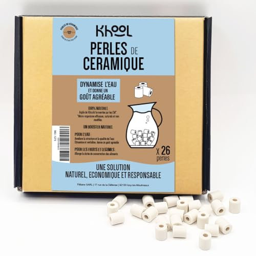 KHOOL | 25+1 Perles de céramique EM naturelles | Filtre eau robinet & carafe filtrante | Améliore le goût de l’eau | Anti calcaire | Pour lave-linge, lave-vaisselle | 10 mm