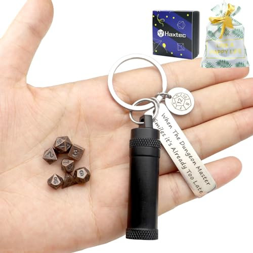Haxtec Mini-Würfel-Set, winziges, kleines DND-Würfel-Set, Kupfer, mit tragbarem Schlüsselanhänger, Würfeletui, Dungeons, Meistergeschenke, Metallwürfel-Set für Schlüsselanhänger, DND-Geschenk für DM