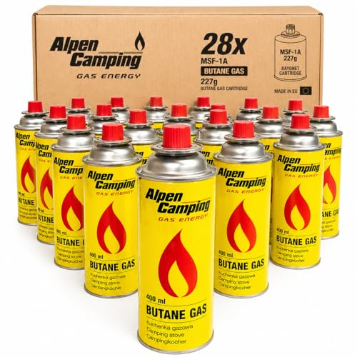 Alpen Camping Gaskartuschen 227 g, 28er Set Schraubkartuschen EN417 | Gas-Stop-Ventil, EN417, für Campingkocher, Gasbrenner und Lötlampen