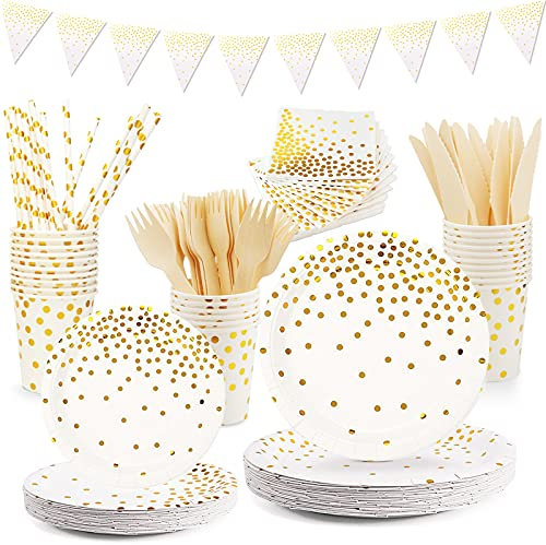 VIPNAJI Assiette Blanche Or 176PCS Assiette Carton Blanc Serviettes Gobelet Fourchettes Couteaux Bannière, Vaisselle en carton recyclable,pour les fêtes d'anniversaire et Noël, Mariages(25 invités)