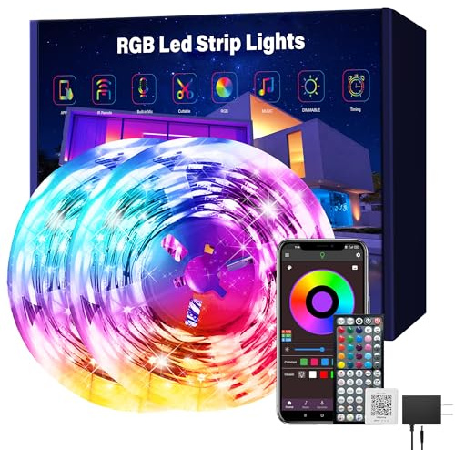 Ledagic Guirlande lumineuse LED pour chambre à coucher, 60 m, 2 rouleaux jusqu'à 30 m, synchronisation de musique RVB avec télécommande d'applications, lumières LED changeantes de couleur pour chambre
