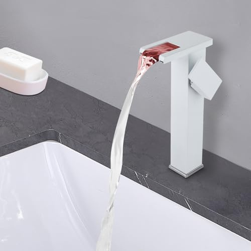 Rubinetto a cascata a LED, in acciaio inox luce lavabo rubinetto, miscelatore da bagno alto, con 2 tubi, per lavabo rubinetto bagno bagno bagno WC (bianco)