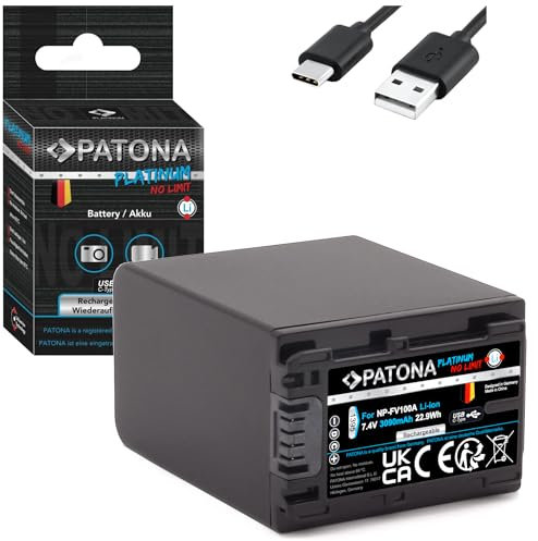 PATONA Platinum NP-FV100A NP-FV100 USB-C Akku 3090mAh, mit direktem USB Eingang (1395), ohne Verwendungseinschränkung HDR CX625 CX730 CX250 PJ810 FDR AX53 AX33 AX100 usw.