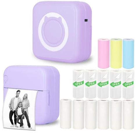 Vicbear Mini Sticker Printer, Inkless Pocket Printer with 14 Rolls Paper, Mini Thermal Printer for Notes/Photos/Stickers/Labels/Receipts, Portable Printer for iPhone, Android Phone & Tablet, Purple