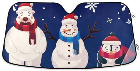 ZRWLUCKY Weihnachts-Sonnenschutz, niedlicher Schneemann, Eisbär, Pinguin, Windschutzscheibe, faltbar, UV-Visier, hält das Fahrzeug kühl, Auto-Sonnenschutz, Blöcke für SUV, Jeep, LKW, 134,6 x 59,7 cm