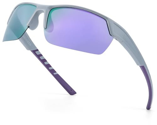 Myiaur Lunettes de soleil de sport polarisées pour femme - Monture enveloppante semi-sans monture - Verres miroir élégants - Protection UVA UVB, Cadre violet mat/violet, L