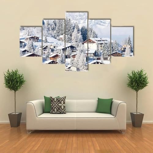 XBAKING Leinwanddrucke Poster 5 Stücke Leinwand HD-Druck Kunstwerke Winter in den Schweizer Alpen Moderne Dekorative Schlafzimmer Wandkunst Bild-Ungerahmt 150X80cm