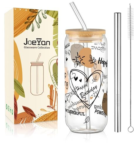 Joeyan Inspirierende Geburtstag Geschenk,600ml Longdrinkgläser mit Spruch Beste Wünsche,Trinkgläser mit Deckel und Strohhalme,Dosenförmig Eiskaffee Glasbecher,Bubble Tea Becher,Cocktailgläser