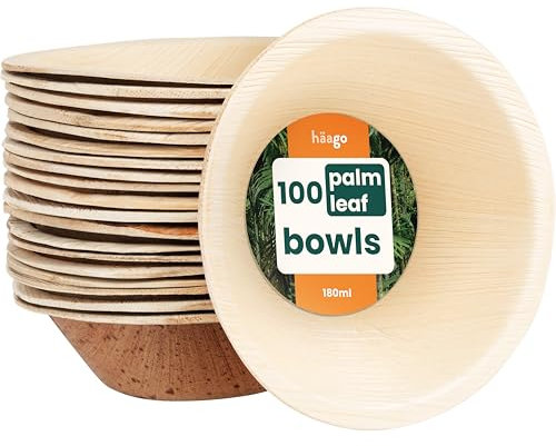 HAAGO Palmblattschalen (450ml, quadratisch) Kompostierbar & Einweg - Umweltfreundliches Picknick- & Outdoor-Geschirr - Gefrierschrank- & Mikrowellenfest (Rund 13 x 4 cm / 180 ml, 100)