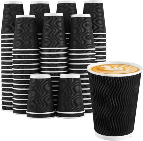 Efforias 100 X 8oz Black Ripple Coffee Cups - Insulated Triple Walled Takeaway Coffee Cups - Cups for Hot and Cold Drinks for Christmas & Birthdays Parties