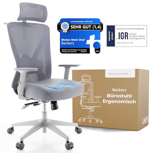 Backerz Bürostuhl Ergonomisch - Bürostühle 150kg, NEN 1335 Zertifiziert - Office Schreibtischstuhl - Chair - Ergonomischer Bürostuhl – Computerstuhl Höhenverstellbar & Rückenschonend – Weiß