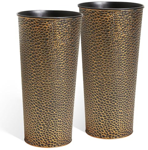 Worth Garden Blumentöpfe aus Metall, 63,5 cm hoch, mit 2 Innentöpfen, handgehämmerte Textur, hoher Kegel, großer handgefertigter schwarzer Blumentopf für drinnen und draußen, Deck, Terrasse, Veranda,