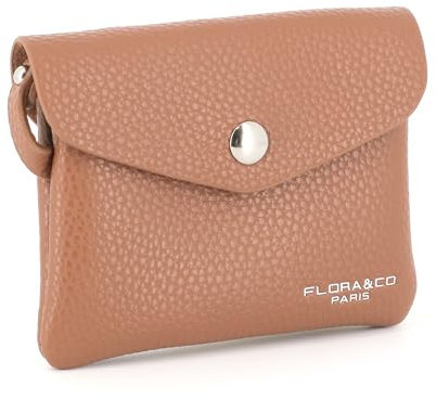 flora & co - Petit Porte-Monnaie Cartes Similicuir Souple - Portefeuille Pochette Rabat Zip avec Crochet Porte-clé - Pratique Léger - Camel