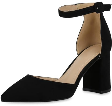 VAN HILL Damen Spitze Pumps Blockabsatz Basic Klassisch Schuhe 216154 Schwarz Velours 40
