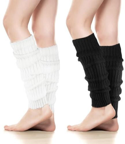 KUMSODE 2 Paires Guetres Femme Hiver Leg Warmers Femme Jambière Guêtres Tricotée Chauffe-jambes Genouillères Chaussettes pour Costumes d'Halloween, Blanc/Noi