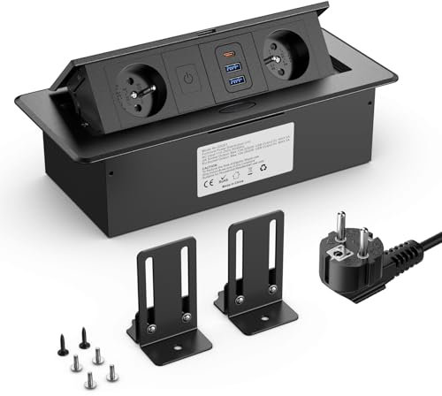 Ohuo Multiprise Electrique Encastrable avec USB C PD 20W, 2 Prise Encastrable de Table avec 2 Ports USB A et USB C 20W, Câble de 2M Noir