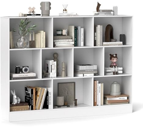 COSTWAY Bücherregal mit 10 Fächern, Standregal mit 3 Ebenen, Würfelregal, Büroregal, Aufbewahrungregal für Wohnzimmer, Schlafzimmer, Arbeitszimmer, Büro, 140 x 24 x 104 cm (Weiß)
