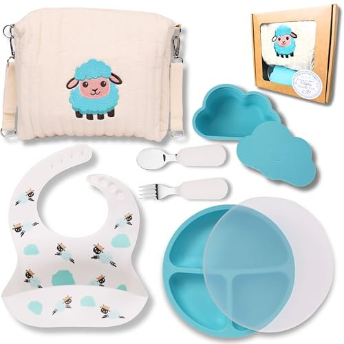 Set Vaisselle Silicone Bébé – Cadeau de Naissance – Kit Repas 8 Pièces Ti’Djuby® : Assiette Ventouse avec Couvercle, Bol avec Couvercle, Cuillère, Fourchette, Bavoir et Sac à Couches – Bleu