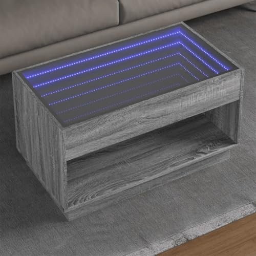 Myheimly Couchtisch, Beistelltisch mit Infinity-LED, Sofatisch Kaffeetisch für Wohnzimmer, Teetisch Wohnzimmertisch, Holzwerkstoff Glas Couchtisch Grau Sonoma,90 x 50 x 50 cm