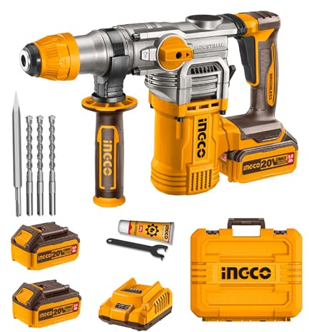 INGCO 20V Lithium-Ion Rotary Hammer, Brushless Motor, 4.5J, 930RPM, 3IN1 Function Adjust Knob, 4400BPM, 20mm Drilling Capacity for Concrete with 2Pcs 5.0Ah Battery and 1Pcs Fast Charger CRHLI202885E