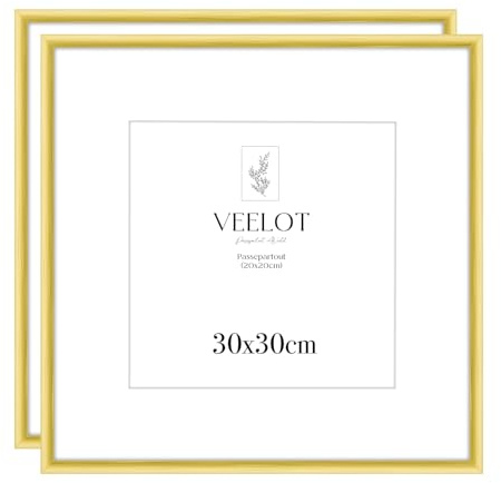 Veelot® 2x Marco Para Fotos 30x30cm, Aluminio Metálico,Dorado,con Passepartout 20x20cm,Oro Marco Cuadrado Mediano,Cristal Sintético Inastillable, Perfil Estrecho, Diseño Minimalista