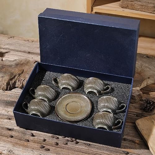 Erkundpresso. Espresso Tassen Set mit Untertassen (6 x100ml) - Espressotassen 6er-Set Steingut -Kaffeetassen Dickwandig mit Henkel- Handgefertigte Barista Kaffeetassen - Bronzefarben