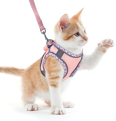 Ankilo Katzengeschirr mit Leine Softgeschirr für Katze, katzenleine mit Geschirr für Katzen mit Reflektierenden Streifen,Cat Harness,Rosa, XXS