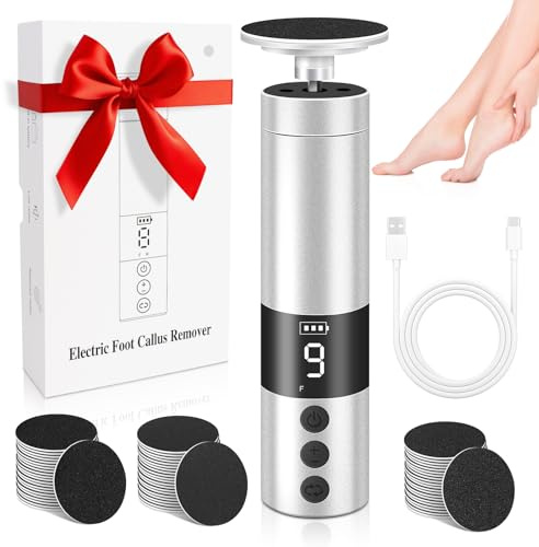 Râpe à Pieds Électrique Rechargeable 9 Vitesses - Râpe à Pieds Pédicure Electrique Kit avec Embouts Remplaçables pour Talons Fissurés, Peaux Mortes & Callosités - Argent