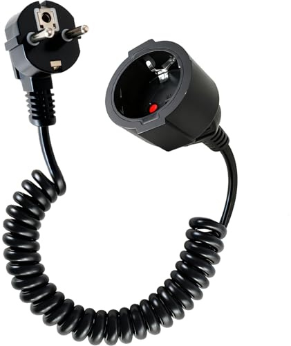 Verlängerungskabel Spiralkabel 0,7m auf 2m Verlängerungskabel kurz IP20 Schutzkontakt Spiralverlängerung Stromkabel Verlängerung Steckdose 3680W Spiral Kabel mit Schuko-Stecker und Kupplung, Schwarz