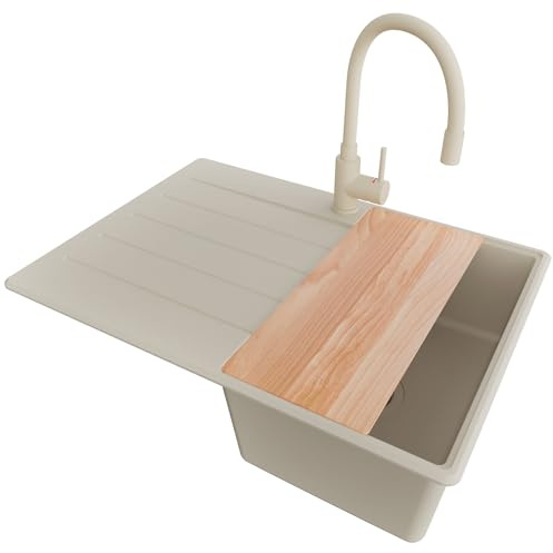 PRIMAGRAN Granitspüle ab 40er Unterschrank + Küchenarmatur, 70x50cm | Set: Küchenarmatur BW6020 + Ablauf-Set + Schneidebrett + Spülbecken 1 Becken - Kopenhagen Top, Alles Beige