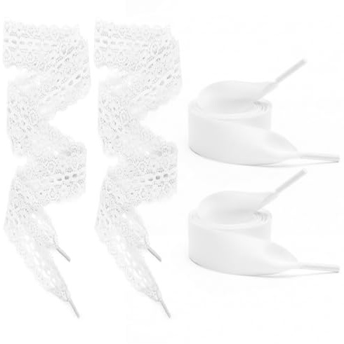 xianynow 2 Pares de Cordones Blancos de Raso, 2 Pares de Cordones de Encaje Blanco, Anchos y Planos, para Zapatillas de Mujer, Deportivas, Moda y Casual, 1.4m