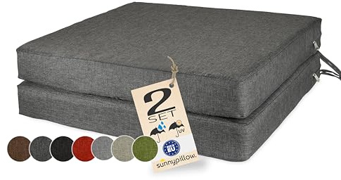 sunnypillow 2er Set Stuhlkissen 50x50cm wasserdicht UV-lichtecht, Anthrazit | Outdoor Polsterauflage mit Bändern, Auflage für Stühle,Bänke, Sitzkissen Stuhlauflage für Haus und Garten, 7cm dick
