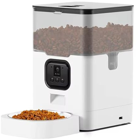 Smart WiFi Automatic Dog & Cat Feeder 4L with HD Camera & Night Vision – App Controlled Timed Dry Food Dispenser, AI Motion Detection, Two-Way Audio, Stainless Steel Tray, Dual Power - White (White)