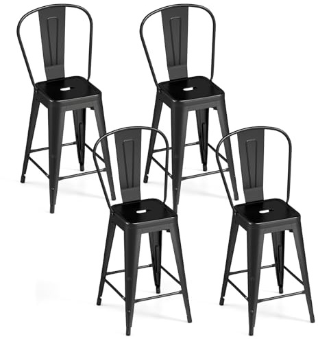 COSTWAY Set de 4 Taburetes de Bar con Respaldo Extraíble, Asiento de 62 cm | Sillas Altas de Cocina con Marco Metálico, Reposapiés y Almohadillas de Goma para Pie, Taburetes Altos para Cafetería Salón
