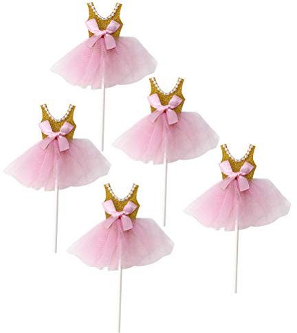TOYMYTOY Glitzer Prinzessin Tutus Kleid Kuchen Toppers - Ballerina Rock Cupcake Picks für Mädchen Geburtstag Thema Party (Golden) - Packung mit 5