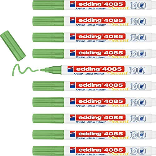 edding 4085 Kreidemarker - grün-metallic - 10 Kreidestifte - Rundspitze 1-2 mm - dünner Kreidestift für Tafel abwischbar - zum Beschriften von Fenster, Glas, Spiegel - Tafelstift mit deckenden Farben