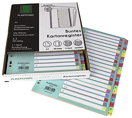 6er Pack 20-teiliges DIN-A4 Register/Trennblätter mit Buchstaben A-Z, aus recyceltem Karton, in praktischer Spenderbox, verstärkte Lochung mit Deckblatt, Trenn-Blätter in 5 Farben