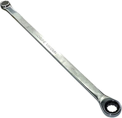 AERZETIX - C45615 - Clé plate bi-hexagonale polygonale double à oeil/anneau 15mm - vers clé à cliquet 15mm extra longue métrique 12 pans - longueur 37.50cm - manche droite/polie - en acier CR-V