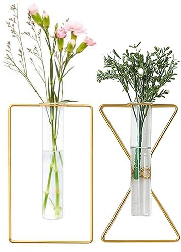 2 Stück nordische Wandvase, goldene geometrische Vase zum Aufhängen, Hydrokultur-Pflanzgefäß, Wandmontage, Metallglas, Röhrchen, Knospenvase, Hochzeit, Heimdekoration (Gold 5)
