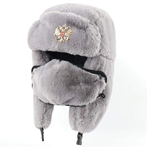 BZNOO Herren Winter Fliegermütze Sowjetisches Abzeichen Ushanka Männer & Frauen Bomberhüte Armee Pilot Trapper Soldat Hut Winterohrklappe Schneekappen-Russia_Gray