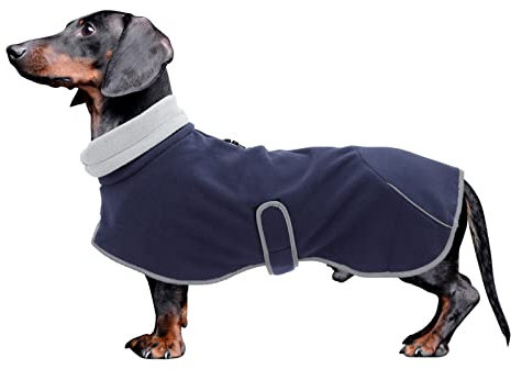 Morezi Dachshund fleece coats, perfect for dachshunds sausage corgi puppy winter jacket with reflective trim and high collar, dog snowsuit with adjustable bands - Navy - M