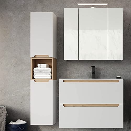 Lomadox Badezimmermöbel Set mit 80cm Waschtisch & LED-Spiegelschrank, Hochschrank, Hochglanz weiß mit Trüffel-Buche, B/H/T ca. 120/200/46 cm