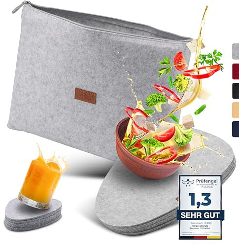 Home Genius® | 12er Designer Platzdeckchen 'TROMSØ' 38,5 x 33,5cm mit Aufbewahrungstasche | oval | grau | 5mm Dicke | Telleruntersetzer und Glasuntersetzer - waschmaschinenfest