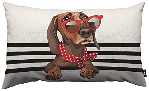 TKS MITLAN Braune Dackel Hund Kissenbezüge 30.5x50.8 cm, rote Sonnenbrille und mit einem gepunkteten Halstuch, lustiger Welpen, dekorativer Überwurf, Kissenbezug für Sofa, Couch
