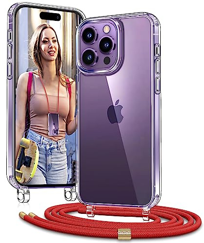 Vaykwo Handykette mit Band für Apple iPhone 14 Pro Hülle - Necklace Handyhülle - Transparente Case zum Umhängen mit Kameraschutz und Bildschirmschutz - Rot