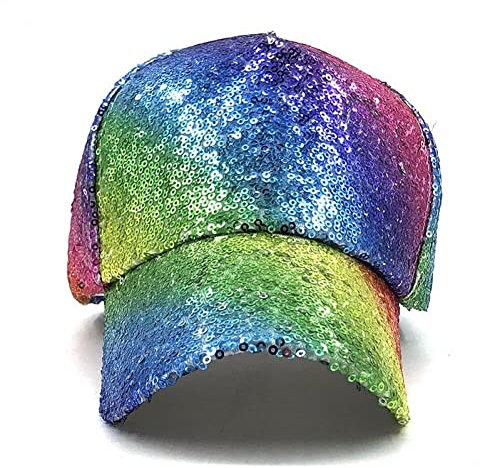 Vepoty Regenbogen-Pailletten-Baseballmütze, glitzernde Nachtclub-Party, Festival, Rave-Mütze, glitzernde Hip-Hop-Kappe, verstellbare Snapback-Kappe
