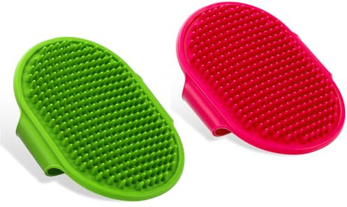 cobee Hundepflegebürste Katzen Haarbürste, 2 Stück Silikonkautschuk Haustier Badebürsten mit verstellbarem Riemen Griff Gummi Dusche Bürste Haustier Bad Bürste Kamm Welpe Massage Bürste (Rosa Grün)